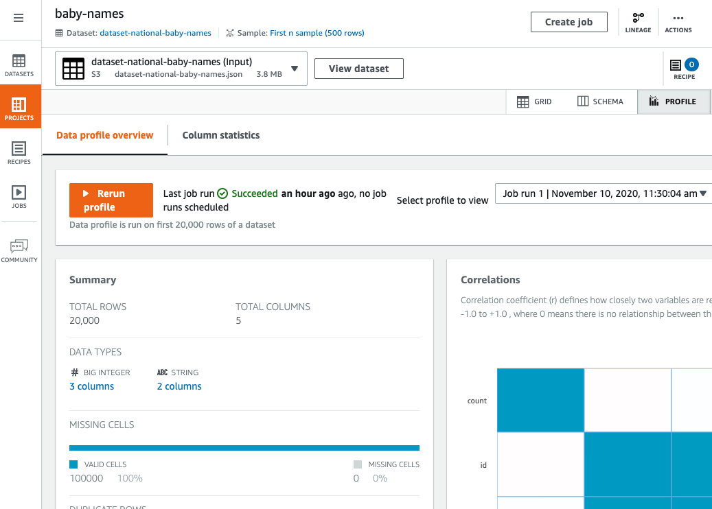 Data profile overview showing dataset summary, including row count, columns, and data types.