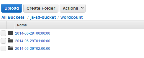 Amazon S3 console showing folders with timestamp names in the wordcount directory.