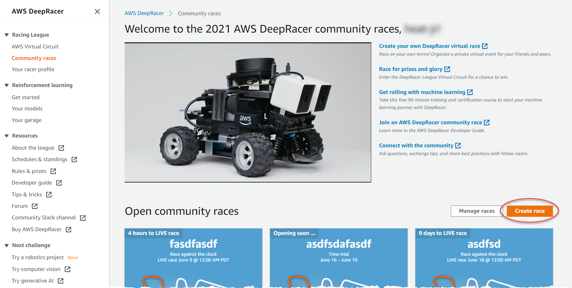 创建 AWS DeepRacer 社区竞赛。