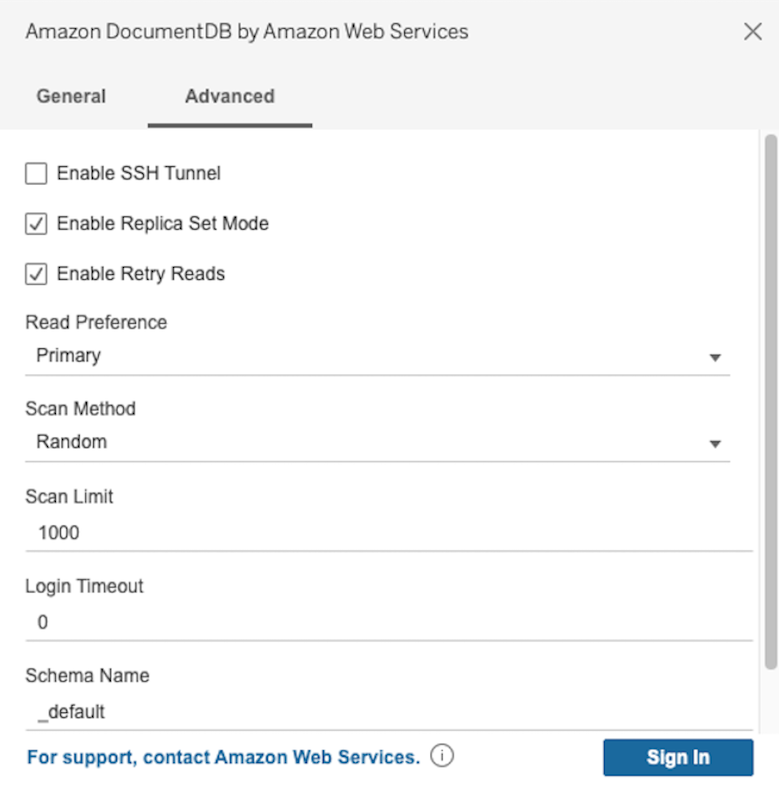 Amazon DocumentDB 连接器界面中的“高级”选项卡，其中显示了其他连接选项。