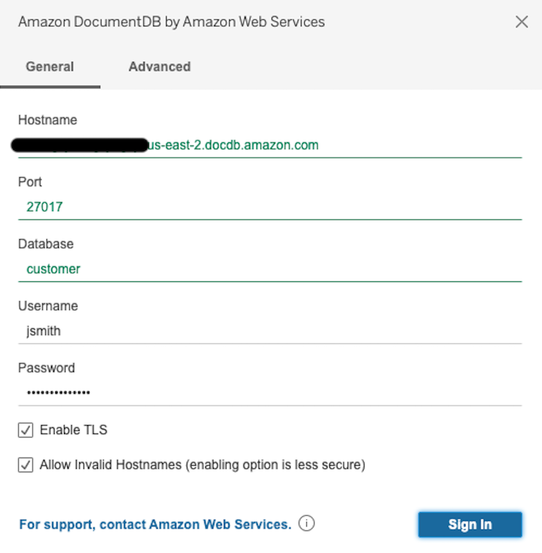 Amazon DocumentDB 连接器界面中的“常规”选项卡，其中显示了主机名、端口、数据库、用户名和密码等字段。