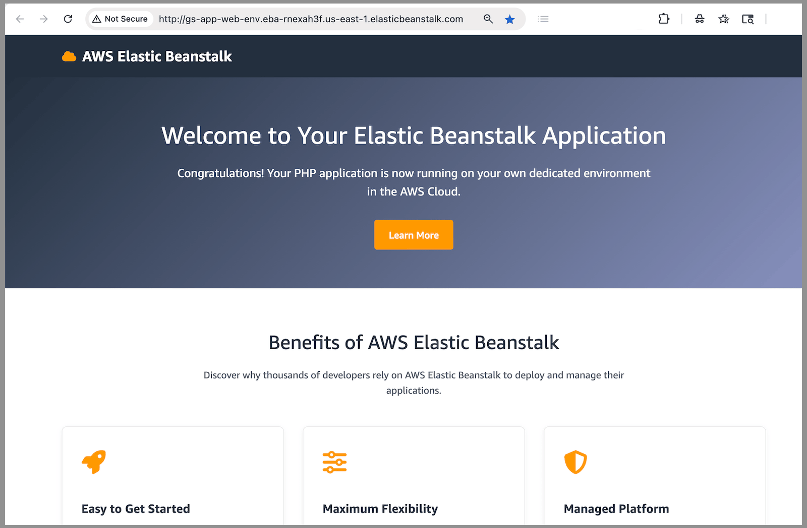 Elastic Beanstalk 示例应用程序的“祝贺”画面。