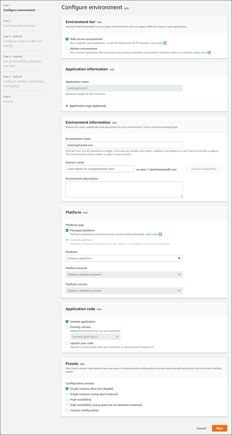 Elastic Beanstalk 控制台上的 Create environment（创建环境）向导