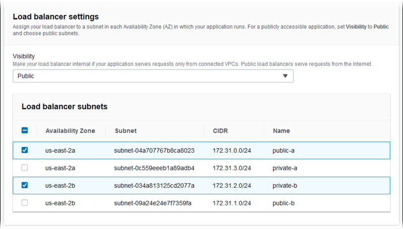 Elastic Beanstalk 控制台上的 Modify network（修改网络）配置页面中的 Load balancer settings（负载均衡器设置）部分