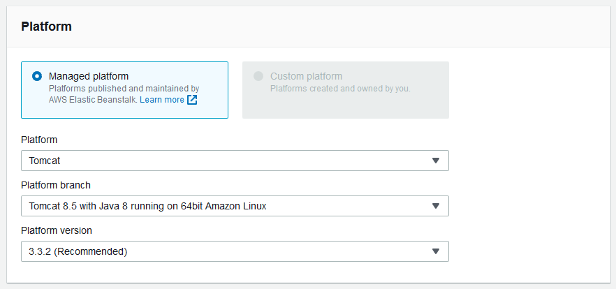 Create new environment（创建新环境）向导中的 Managed platform（托管式平台）选项