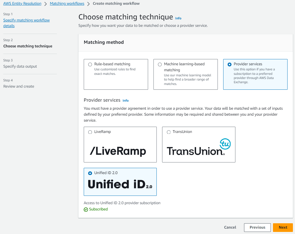 选择了 Unified ID 提供商服务的提供商服务选项。