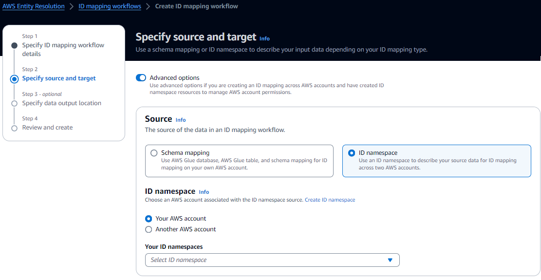 The Source fields on the Specify source and target page