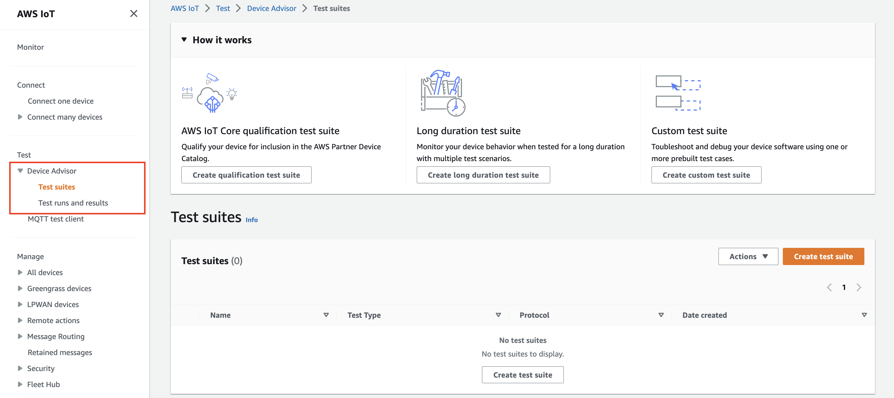 Device Advisor 界面，其中提供了为符合条件的设备及运行长时间测试创建测试套件、以及创建自定义测试套件的选项。