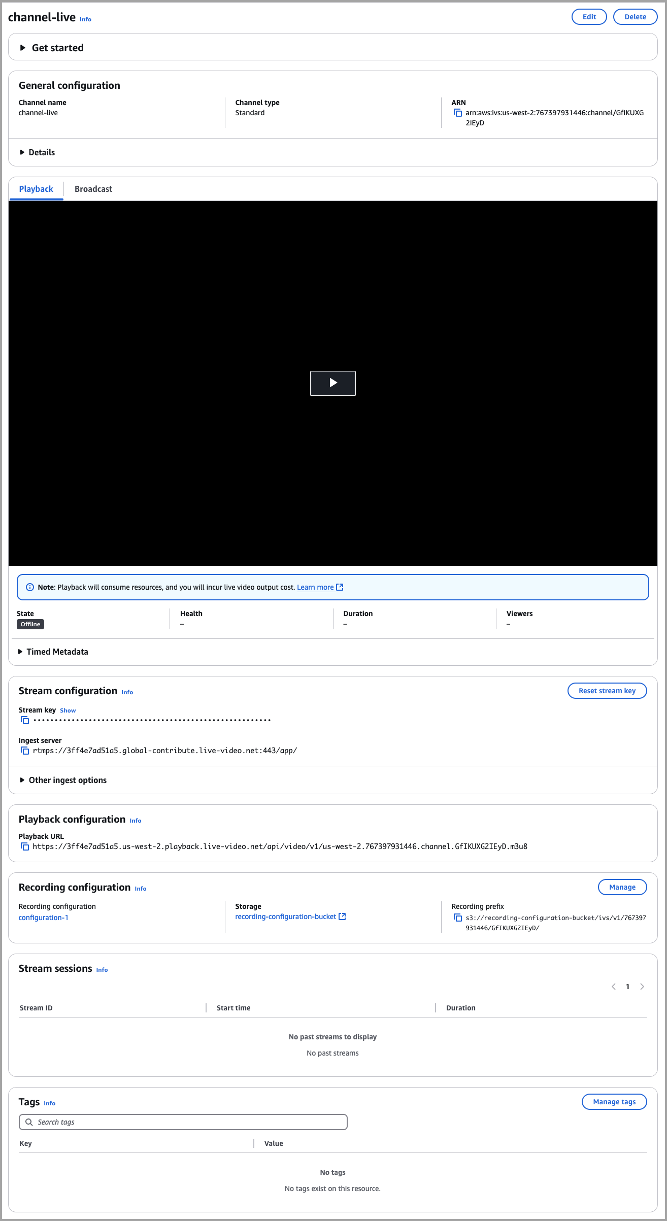使用 IVS 控制台创建一个通道：在“Channel Details（通道详细信息）”窗口中查看通道流、播放和录制配置以及流会话。