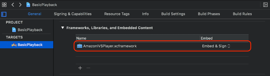应用程序目标 General（常规）选项卡上的 Frameworks, Libraries, and Embedded Content（框架、库和嵌入式内容）部分：