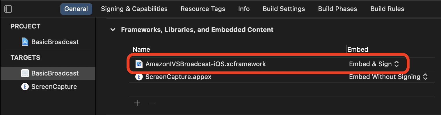 应用程序目标 General（常规）选项卡上的 Frameworks, Libraries, and Embedded Content（框架、库和嵌入式内容）部分：