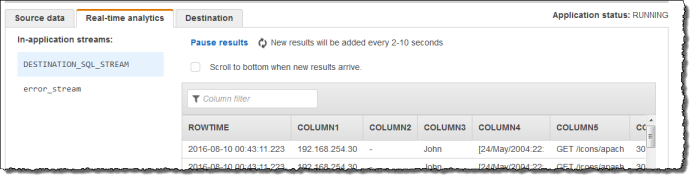 控制台屏幕截图，显示 实时分析 选项卡和应用程序内部流。