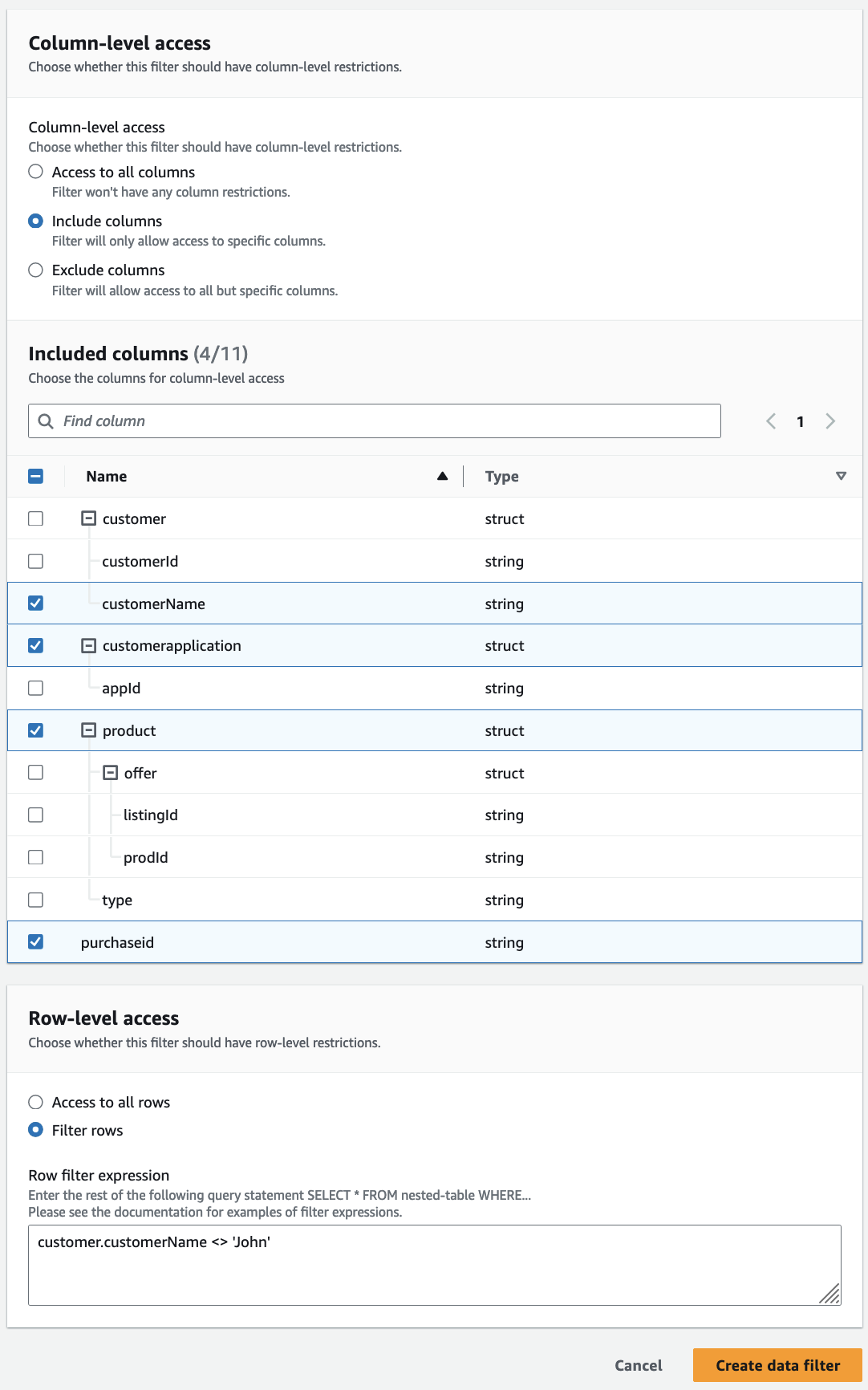 Column-level access settings with options to include specific columns and filter rows.