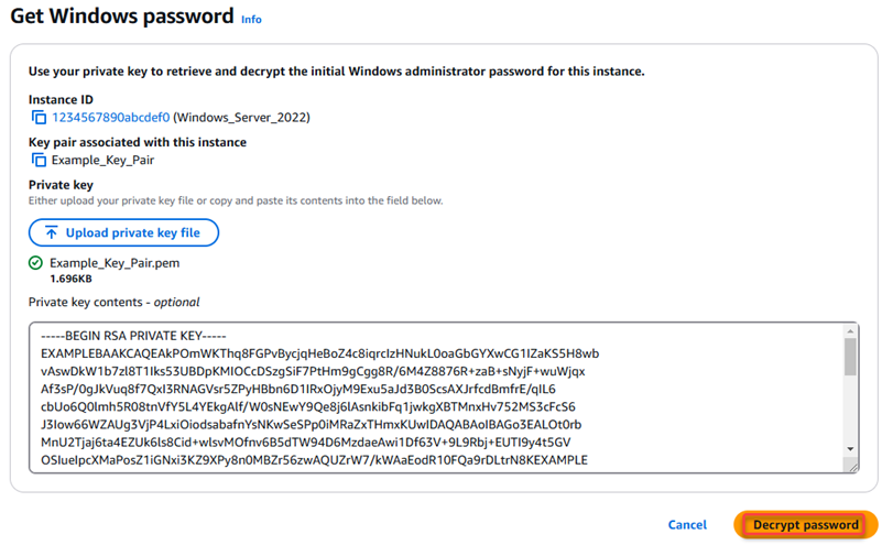 在 Amazon EC2 控制台中解密 Windows 默认管理员密码。
