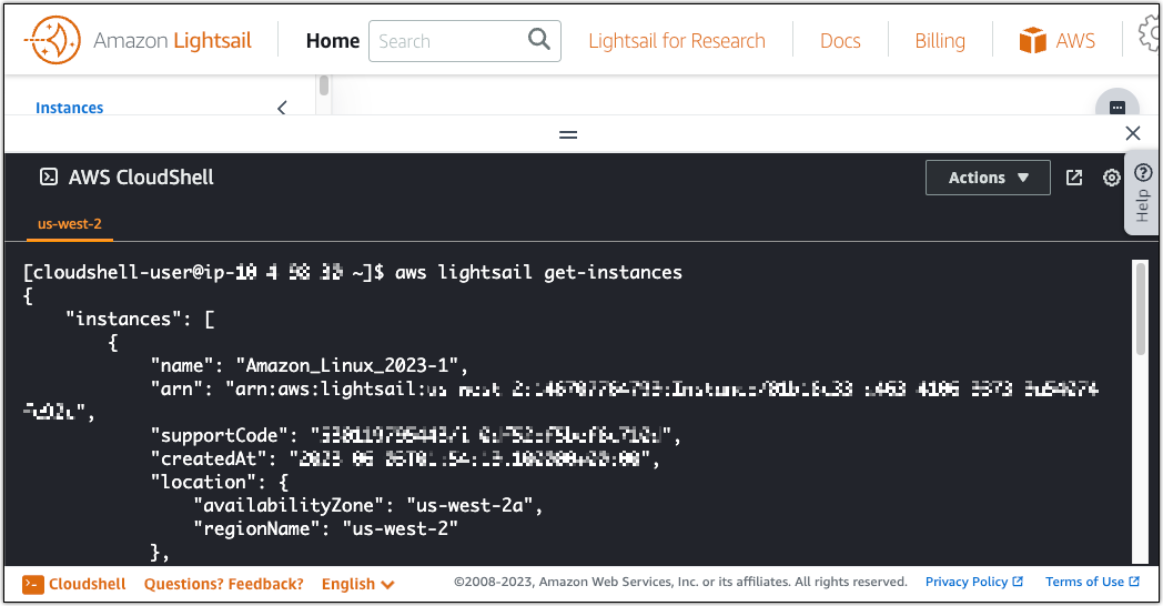 Amazon Lightsail 获取实例 API 命令输出。