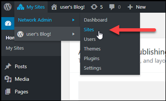 WordPress 管理仪表板中的 “站点” 菜单。