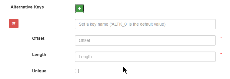 Form fields for defining alternate keys with options for key name, offset, length, and uniqueness.