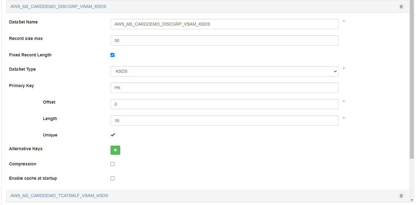Data set configuration form with fields for name, record size, type, and key settings.