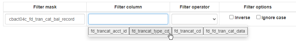 Dropdown menu showing filter column options for a data mask, including transaction and account IDs.