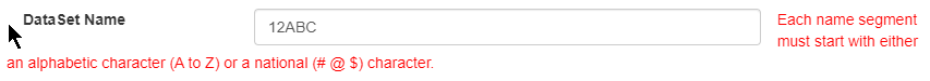 Input field with naming convention rule for dataset names using alphabetic or national characters.