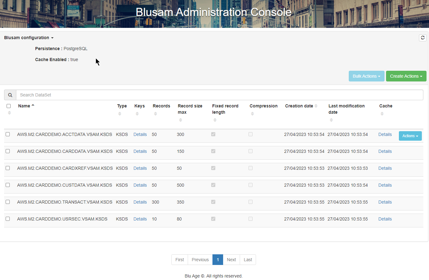 Blusam Administration Console showing configuration settings and a table of data sets.