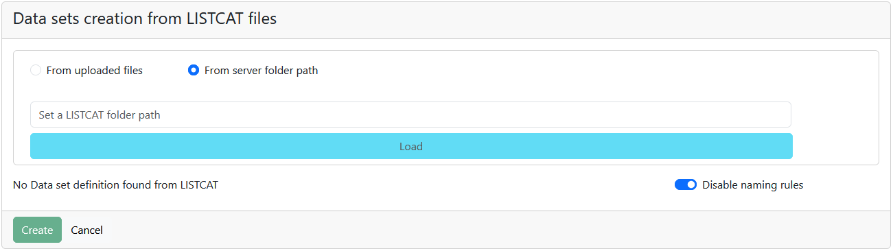 Interface for creating datasets from LISTCAT files, with options for file source and folder path.
