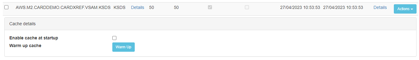 Cache details section with options to enable cache at startup and warm up cache.