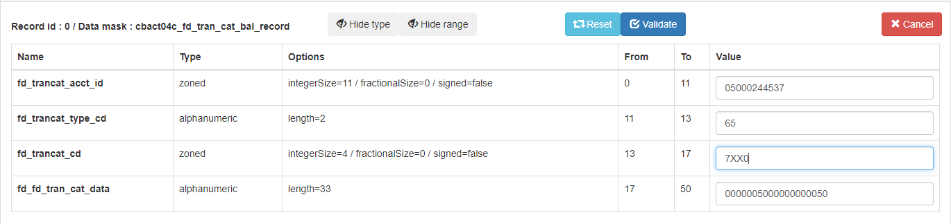 Data mask interface showing auto-correction of numeric value 7XX0 in fd_trncat_cd field.