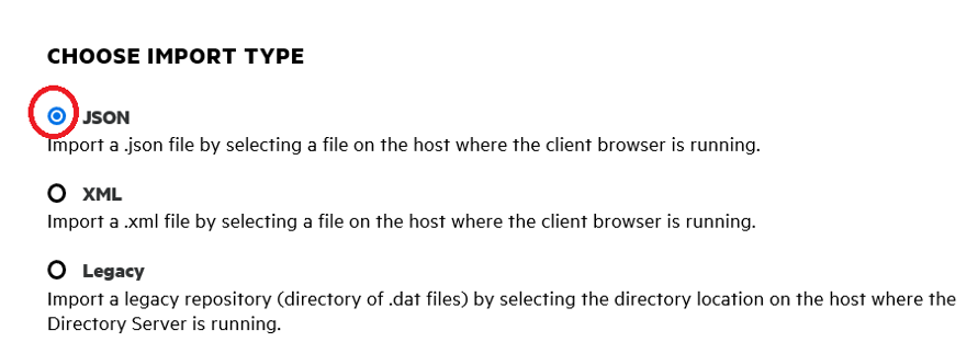 “选择导入类型”框（选中“JSON”）。