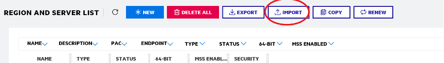 Enterprise Server 常用 Web 管理屏幕（已选择“导入”）。