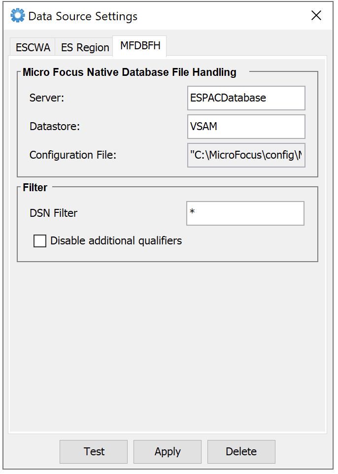 带有 MFDBFH 选项卡的 Micro Focus 数据文件工具窗口数据源设置。