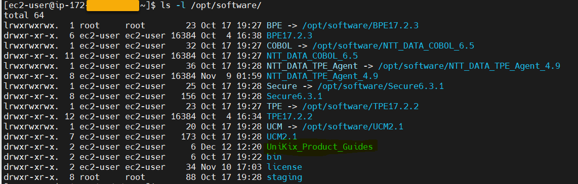 显示 /opt/software/ 文件夹详细信息的 SSH 屏幕。找到 UniKix_Product_Guides 文件夹。