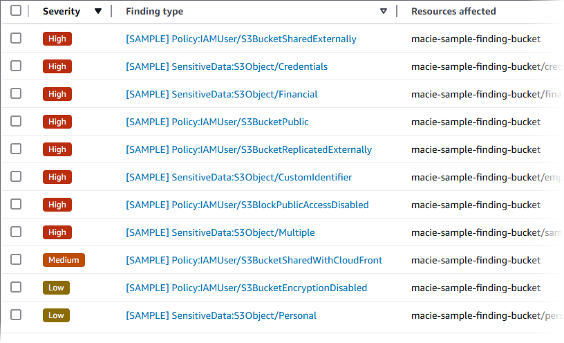 调查发现页面上的调查发现类型列。它列出了带有[样本]前缀的调查发现。