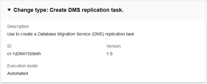 Create DMS replication task interface showing ID, version, and execution mode details.