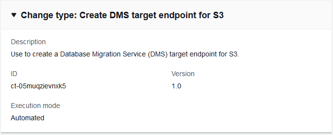 变更 type details for creating a DMS target endpoint for S3, including ID and version.