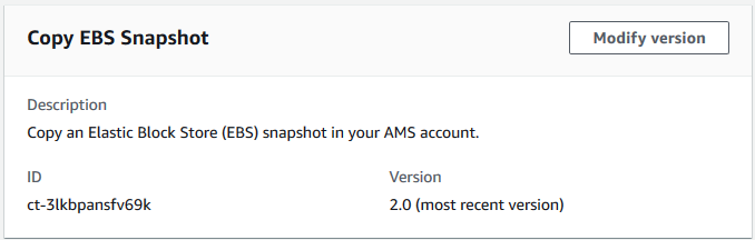 EBS snapshot details showing ID and version 2.0 in the Copy EBS Snapshot interface.