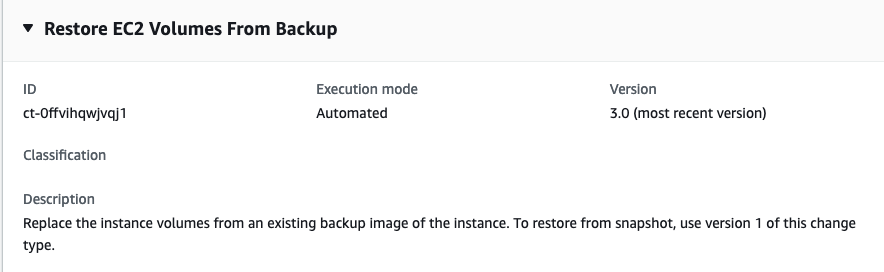 变更 type details for restoring EC2 volumes from backup, including ID and execution mode.