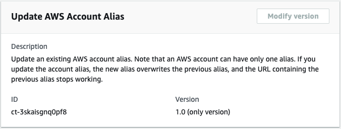 Update AWS Account Alias interface showing description, ID, and version fields.