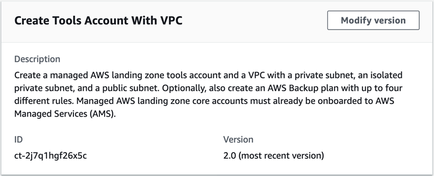 说明 of a change type for creating AWS tools account with VPC and optional backup plan.