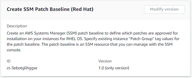 SSM patch baseline creation interface for RHEL OS with description, ID, and version fields.