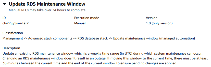 RDS maintenance window update form with ID, execution mode, version, and description fields.