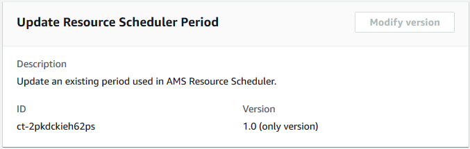 Update Resource Scheduler Period interface showing description, ID, and version fields.