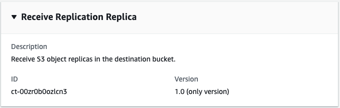 Receive Replication Replica section showing description, ID, and version details.