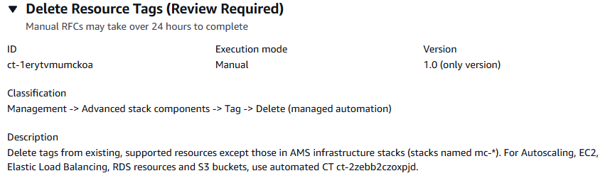 Delete Resource Tags interface showing details for a manual change type in AWS.