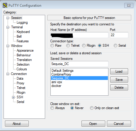 PuTTY Configuration window showing session settings with SSH connection type selected.