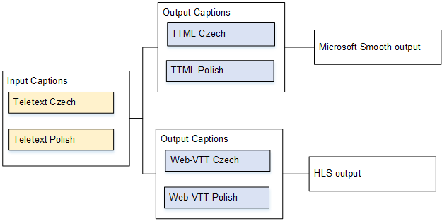 Flowchart showing input captions conversion to output captions for different streaming formats.