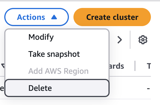 选择要删除的单个集群的控制台视图。