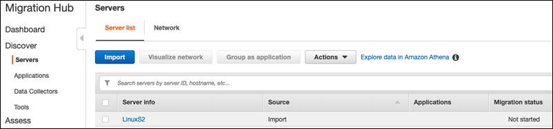 这是 Migration Hub 控制台服务器列表页面的图像。