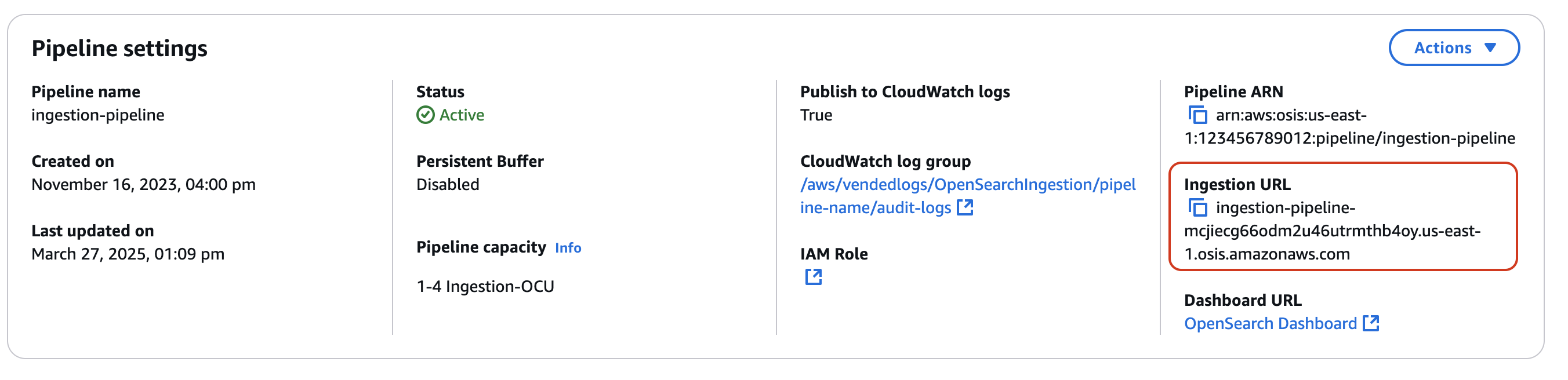 Pipeline settings page showing ingestion URL and other configuration details.