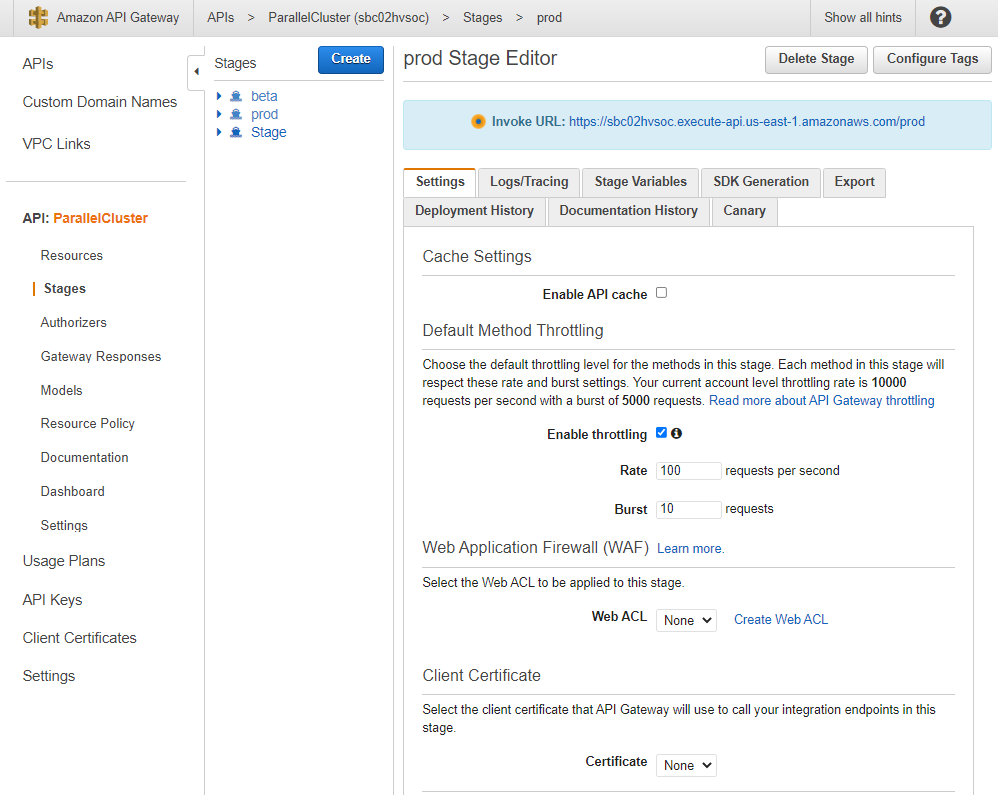 可供您选择的阶段的控制台视图。您还可以查看 API Gateway 为您的 API 提供的 URL。